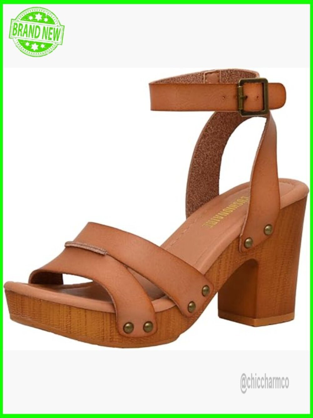 Chunky Faux Wood Block Heel Sandals with Platform, Studded Strap, Memory Foam